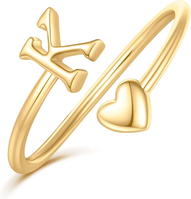 Initial Rings for Women Girls - Valentines Day Gifts for Her, Adjustable Rings for Women Non Tarnish Letter A-Z Dainty Heart Ring Teen Girls Gifts Trendy Stuff Personalized Jewelry Gift