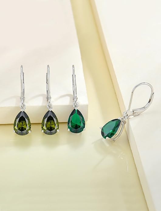 YL 925 Sterling Silver Teardrop Dangle Drop Earrings for Women 7x10 MM Solitaire Birthstone Leverback Jewelry