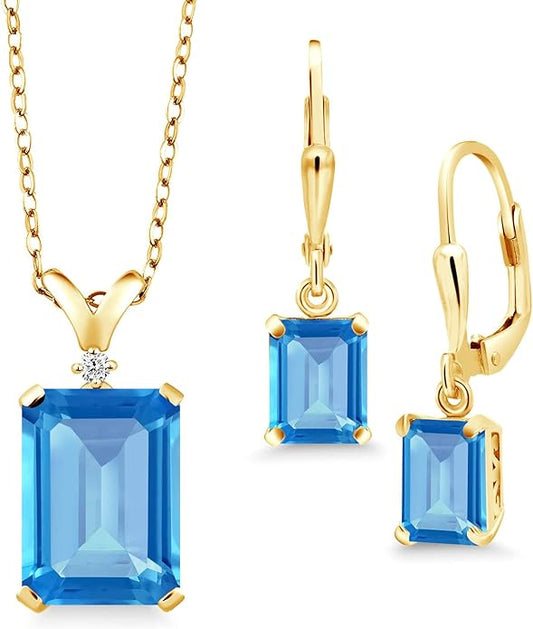 Gem Stone King 9-13 Cttw Pendant and Earrings Jewelry Set For Women | Emerald Cut 14X10MM and 8X6MM | Round 1.5MM | Gemstone Birthstone and Diamond | 925 Sterling Silver | 18 Inch Silver Chain