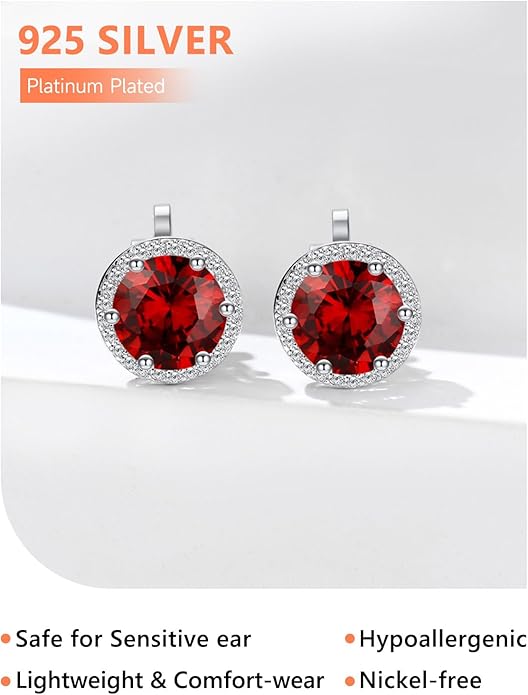 Silvora 925 Silver 8MM Cubic Zirconia Birthstone Clip On Stud Earrings Round Non Pierced Earrings For Women,Come with Box