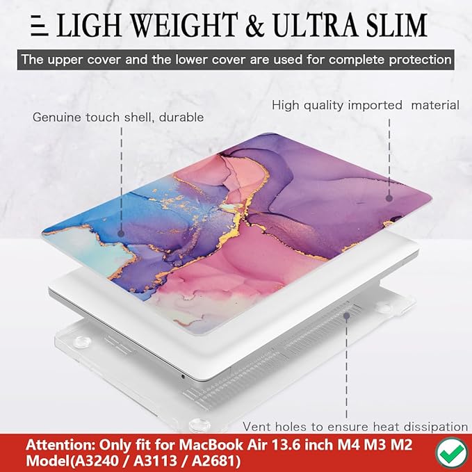 CISSOOK Compatible with MacBook Air 13.6 inch Case 2025 2024 2022 Release M4 M3 M2 Chip, Marble Plastic Hard Shell Case Keyboard Cover for MacBook Air 13.6 inch A3240 A3113 A2681, Purple Marble