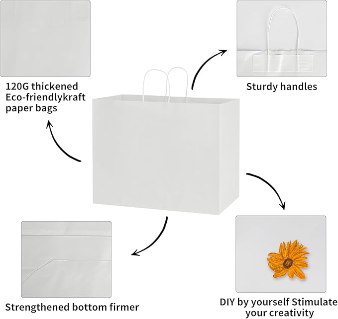 bagmad 50 Pack 16x6x12 Inches Large White Kraft Paper Bags with Handles Bulk for Shopping Wedding Grocery Retail Merchandise Business Craft Gift Bags(50 Count)