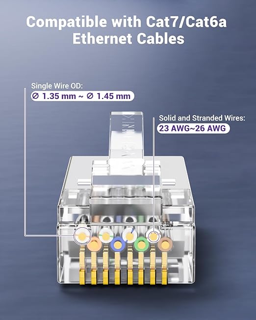 VCE 30-Pack RJ45 Connectors CAT7/CAT6A, Non-Pass-Thru Shielded Modular Plugs for Thick Cable, 3-Prong Gold Plated Ethernet Ends with Strain Relief Boots - Blue