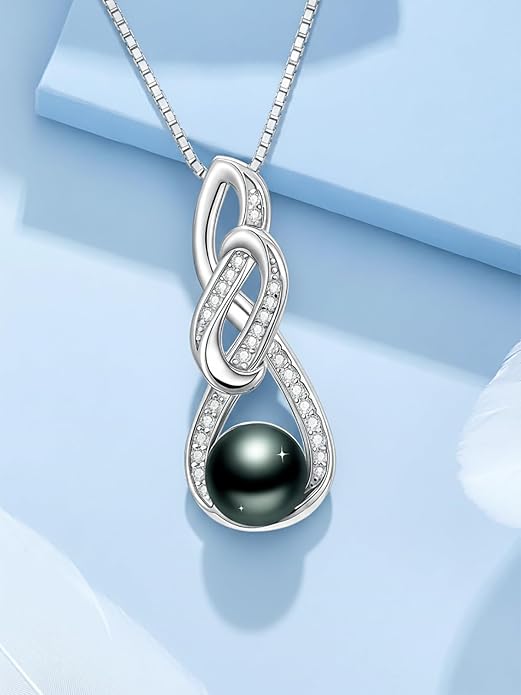 Tahitian Black Pearl 18K White Gold Plated Sterling Silver Heart/Infinity/Four Leaf Clover Pendant Necklace Jewelry Gifts for Women Wife Mom Girlfriend Wedding Birthday Anniversary Christmas