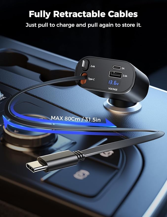 SUPERONE Retractable Car Charger for iPhone with Dual Type C Cables, 4 in 1 USB C Car Charger Adapter with PD 60W Fast Charging Compatible with iPhone 16 15 14 13 12 11 Pro/XS/XR/SE/iPad/Airpods