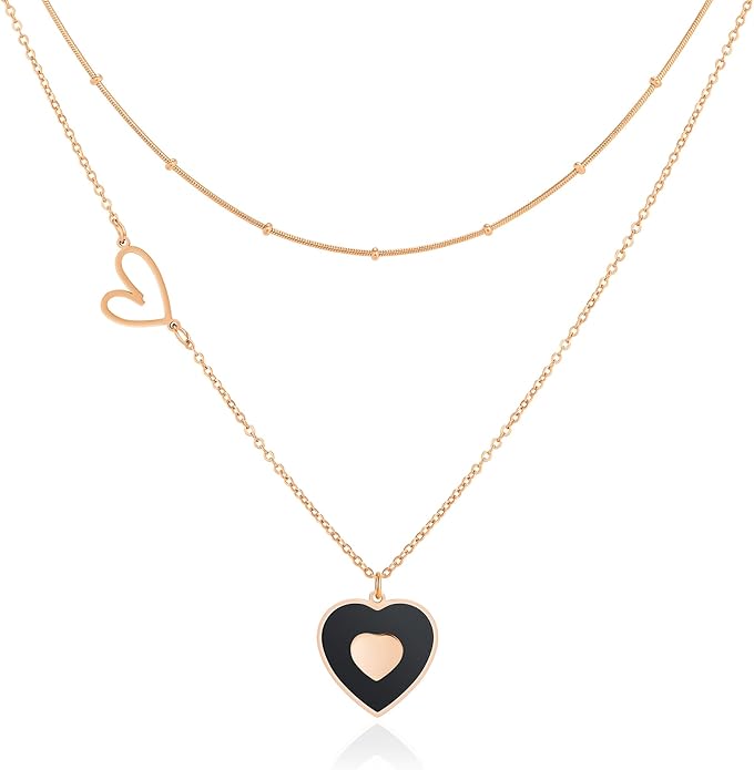 Linawe Layered Choker Heart Pendant Necklace for Women Trendy, Gold/Silver/Rose Gold Chain Stainless Steel Stacked Necklaces, Double Heart Necklace Y2K Preppy Jewelry