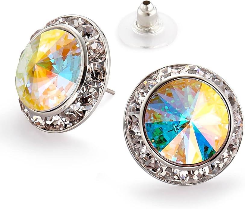 | Crystal Clear and Crystal AB Rhinestone Clip On or Pierced Earrings for Dance, Pageant, Prom, Performance, Wedding