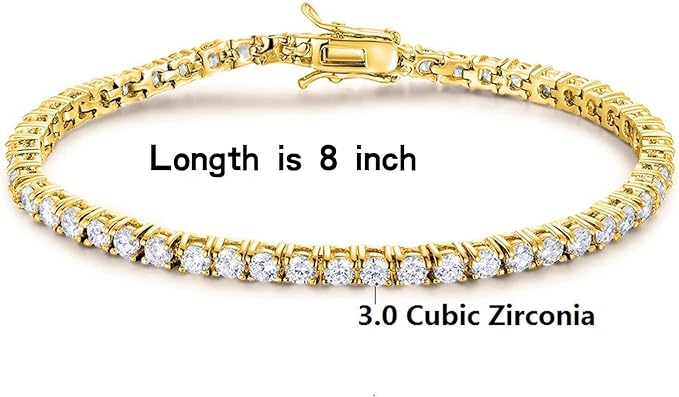 Gemsme 18K Gold Plated 3.0 Cubic Zirconia Classic Tennis Bracelet for Women and Men 8 Inch