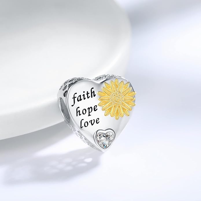 925 Sterling Silver Sunflower Charms Fit Pandora Charms Bracelet Forever In My Heart Fit Wife Mother's Day Christmas Birthday Gift