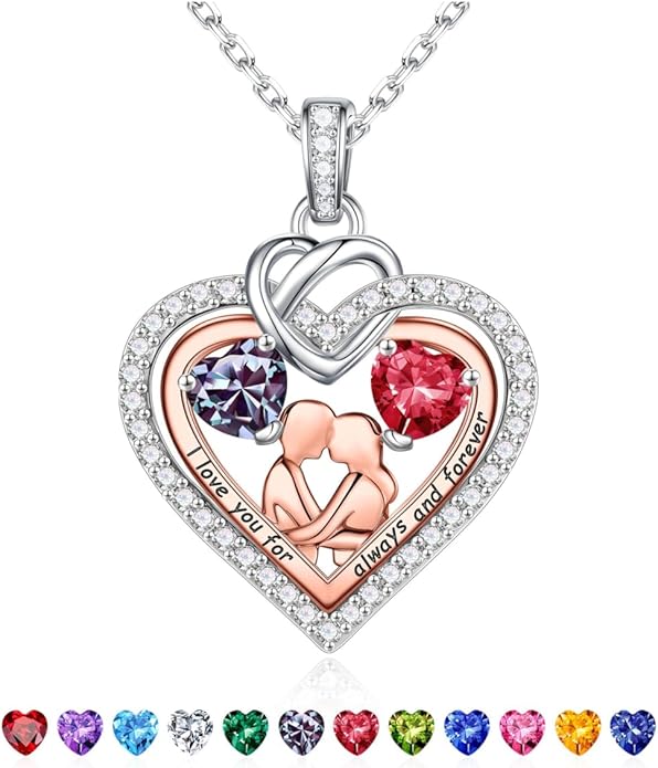 Iefil Valentines Day Gifts for Her - 925 Sterling Silver Double Heart Birthstone Necklace for Women, Anniversary Birthday Gifts for Wife I Love You Gift Couple Sitting Hugging Each Other Jewelry Gift