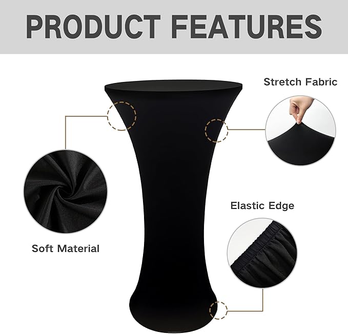 5PCS 24x43 Inch Round Fitted Cocktail Table Cover Black Spandex Cocktail Table Cloth Highboy Fitted Tablecloth High Top Table Cloths for Party Pub Banquet Bistro