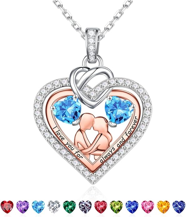Iefil Valentines Day Gifts for Her - 925 Sterling Silver Double Heart Birthstone Necklace for Women, Anniversary Birthday Gifts for Wife I Love You Gift Couple Sitting Hugging Each Other Jewelry Gift