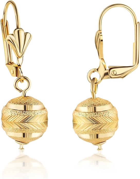 Barzel 18K Gold Plated Diamond Cut 10MM Ball Drop Earrings for Women, Lever Back, Made in Brazil, Tarnish Free, Waterproof