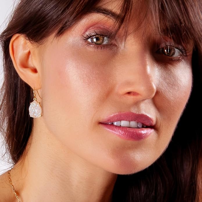 Teardrop Dangle Earrings for Women with Simulated Druzy Stones in Gold or Silver Tone