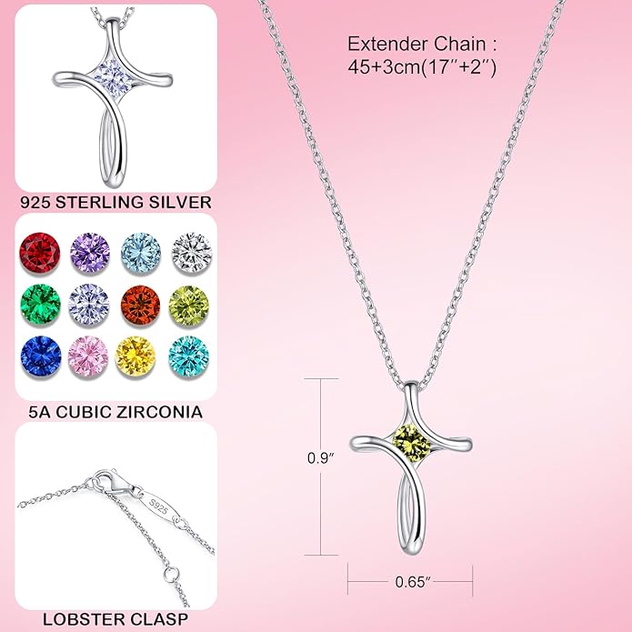 Cross Necklace for Women, 925 Sterling Silver Birthstone Necklace for Women with Diamond Sideways Cross Necklaces Birthstone Jewelry Birthday Gifts for Womens