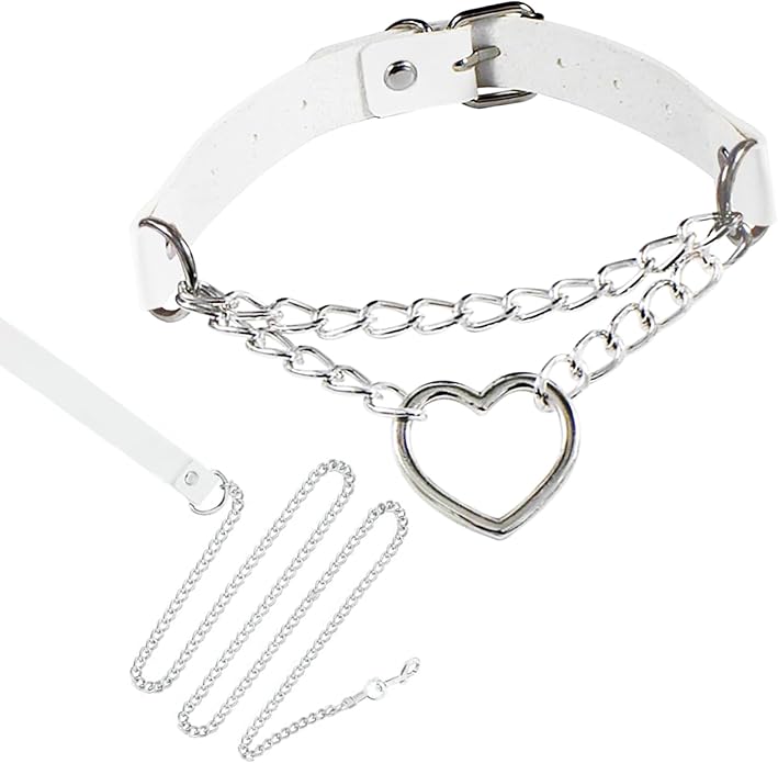 Gothic Heart Pendant Choker Necklace with Chain, Black Leather Collar, Silver Metal Hardware