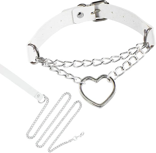 Gothic Heart Pendant Choker Necklace with Chain, Black Leather Collar, Silver Metal Hardware
