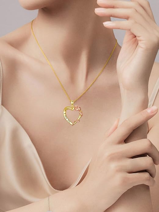 14K Solid Gold Rose Flower/Sunflower Necklaces for Women Flower Heart Pendant Necklace Love Sunshine Jewelry Anniversary Valentine's Day Birthday GiftS for Women Wife Girlfriend Her Mom