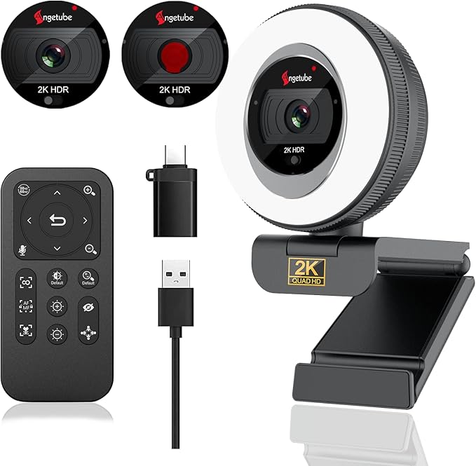 Angetube Webcam, 2K Streaming Webcam with Ring Light, HDR Laptop Camera with Remote, Dual Stereo Microphone and Privacy Cover, Auto Focus 5X Zoom in, Computer Camera for Zoom/Skype/Teams/Webex