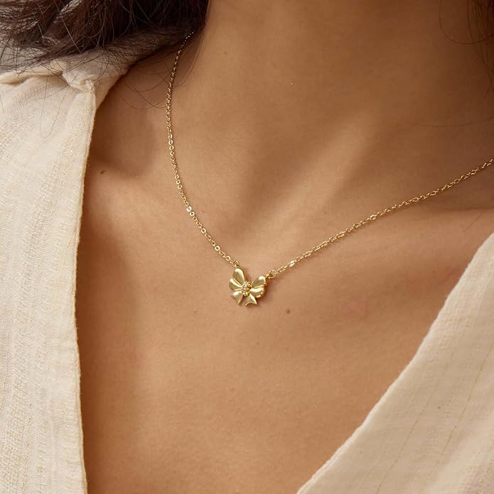 Valentines Day Gifts for Her - Dainty Bow Necklace for Women 14K Gold Plated Cute Choker Small Pendant Charm Necklaces Teen Gift Trendy Stuff Personalized Jewelry