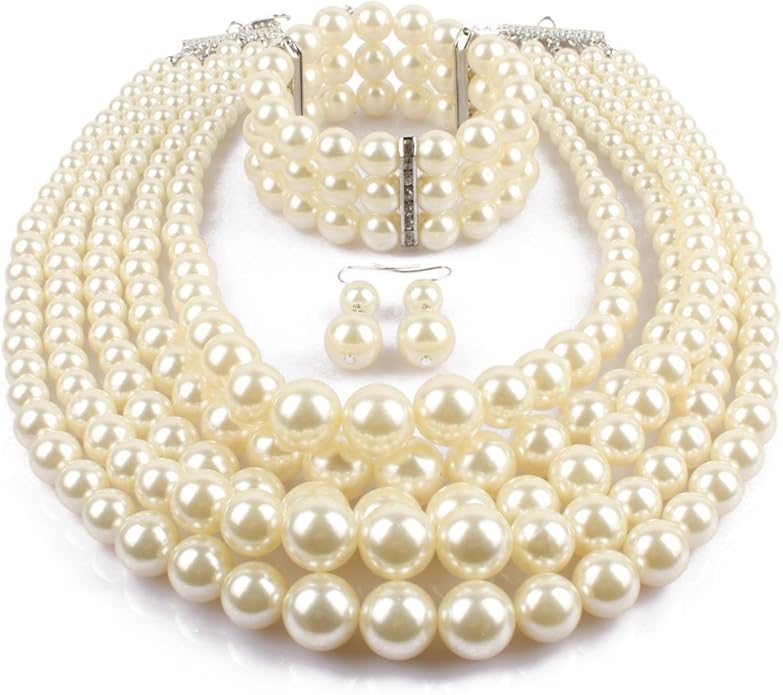 Exaggerated Imitation pearl multi-layer Necklace+bracelet+earring Large pearl necklace Wedding jewelry set for Women's and girls gifts（Multicolor optional）