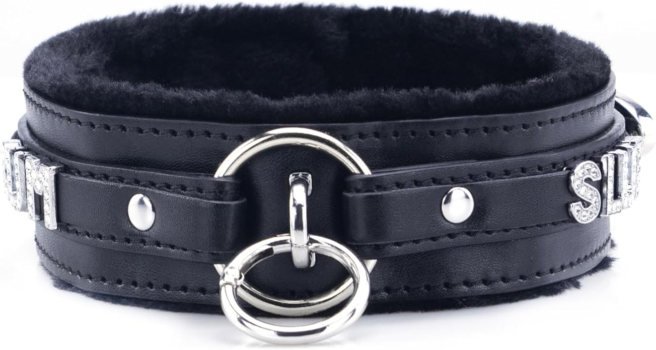 Sparkle Letter Choker Collar For Women, Furry O-ring Leather Collar Punk Gothic Choker Necklace Adjustable Fashion Jewelry, Black