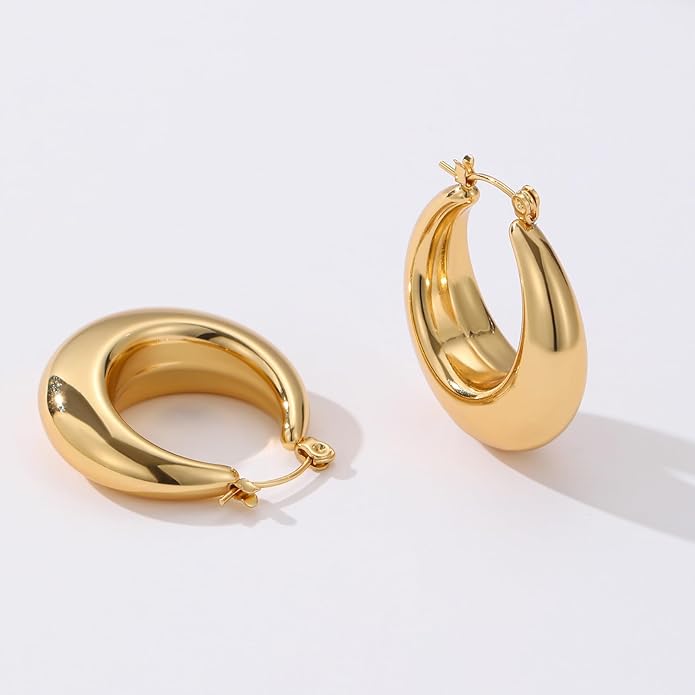 Chunky Gold Hoop Earrings for Women Stainless Steel Cute Fashion Hypoallergenic Earrings Minimalist Jewelry