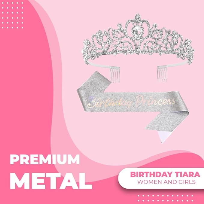Birthday Tiara and Crown with Sash for Women, Hair Accessories for Wedding Party Costume (C- Silver)