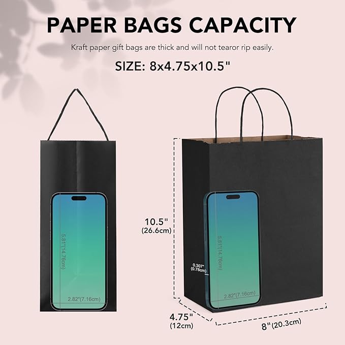 METRONIC 100 Pack 8x4.75x10.5 Inches Paper Gift Bags Black, Medium Kraft Shopping Bag with Handles for Small Business, Boutique, Party Favors, Retail Stores, Gift Wrap, Bulk