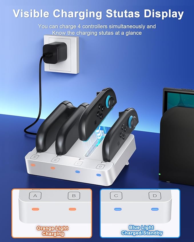 Charger for Nintendo Switch 2 and Switch 1 Controller, Horizontal Charging Dock Station for Joy con and for Joycon 2 Accessories with Foldable Storage Stand (White)