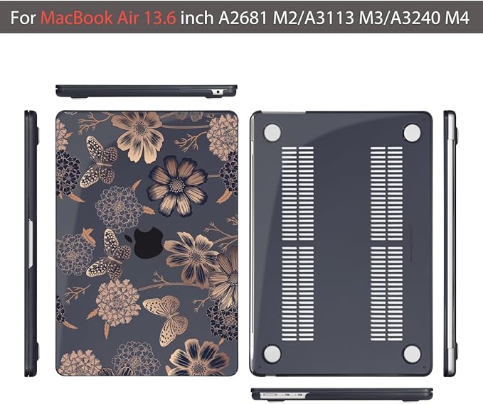 Teryeefi for MacBook Air M2 M3 M4 13.6 Case 2022 2023 2024 2025 Release A2681 A3113 A3240, Clear Hard Shell with Keyboard Cover & USB 3.0 Adapter & Screen Protector, Gold Floral Butterfly
