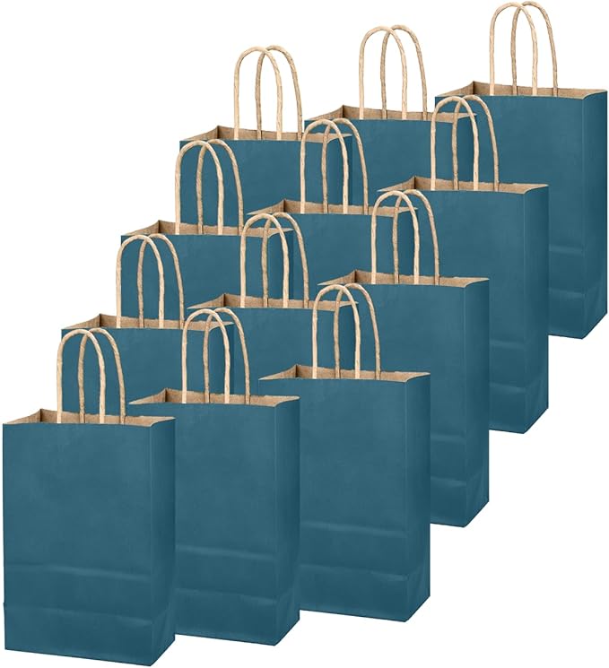 qiqee Classic Blue Gift Bag with Handles Bulk 24Pcs Paper Bags -10.6"x8.3"x4.3"Party Favor Bags - Solid Color