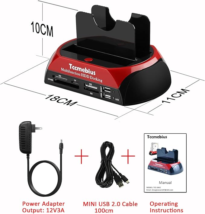 Hard Drive Docking Station, TCC-S862-US USB 2.0 to 2.5 3.5 Inch SATA IDE Dual Slots External Enclosure with All in 1 Card Reader and USB 2.0 Hub for 2.5" 3.5" IDE SATA I/II/III HDD SSD