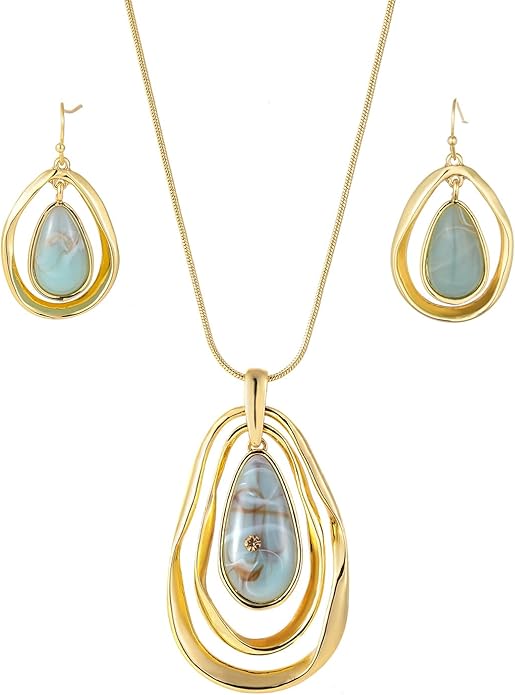 Madison Tyler Gold Plated Jewelry Set for Women | Silver Teardrop Pendant Necklace Trendy | Long Necklace with Snake Chain | Fashion Dangle Earring Set