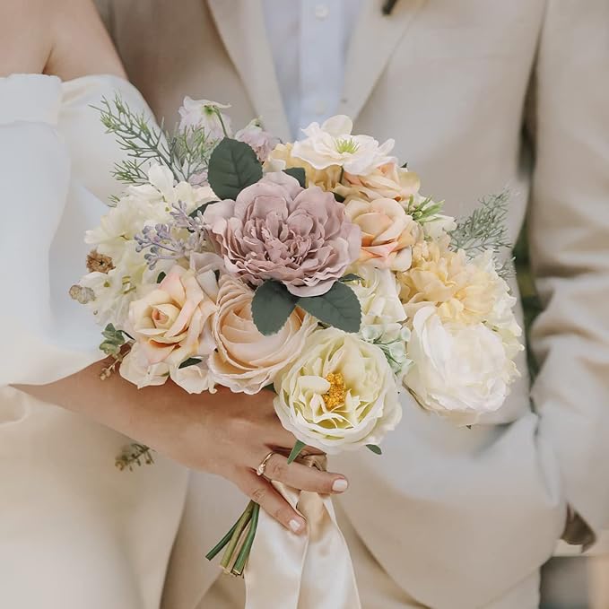 Floweroyal Artificial Flowers Combo White Flowers Mix Silk Flowers Dahlia Roses with Stems for DIY Wedding Bridal Bouquets, Baby Shower, Floral Arrangement, Table Centerpieces, Home Decorations.