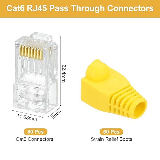 MECCANIXITY 60pcs Cat6 RJ45 Pass Through Connectors, RJ45 Connector 8P8C Gold Plated Plugs with 60pcs Yellow Strain Relief Boots for Solid or Stranded UTP Ethernet Cable, 1.1mm