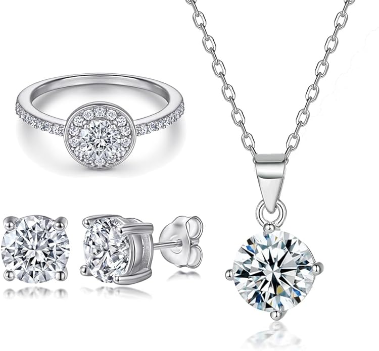 Gemlux 14K Gold Moissanite Stud Earrings Diamond Ring Necklace Set, Women's Luxury Three-Piece Jewelry Set, Classic Diamond-Inspired Design