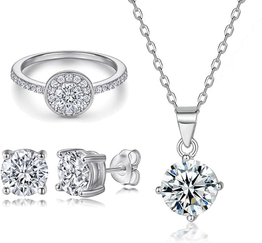 Gemlux 14K Gold Moissanite Stud Earrings Diamond Ring Necklace Set, Women's Luxury Three-Piece Jewelry Set, Classic Diamond-Inspired Design