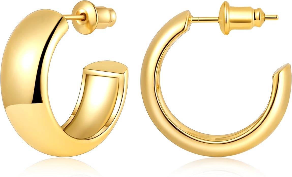 Gamicy Small 14K Gold Plated Hoop Earrings for Women with 925 Stering Silver Post, 14K Real Gold Plated Chunky Lightweight Hoops Earrings