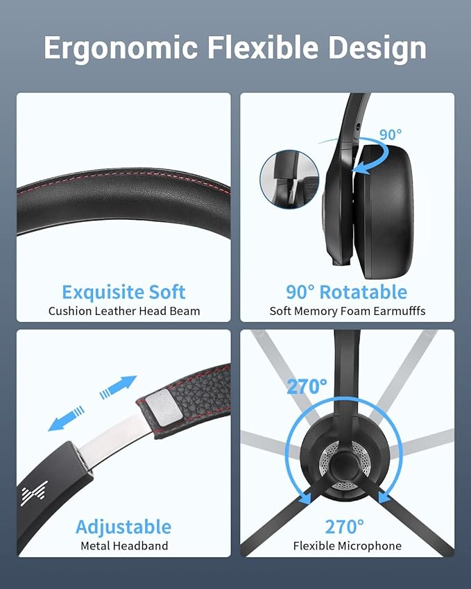 Wireless Headset with AI Noise Cancelling Microphone Bluetooth Headset - Bluetooth V5.2 Headphones with USB Dongle, Charging Base & Mic Mute for Computer/Laptop/PC/iPhone/Android/Cell Phones