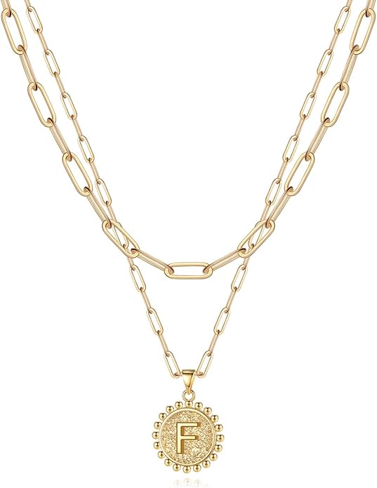 Yoosteel Valentines Gifts for Women Her - Gold Layered Initial Necklaces for Women 14K Gold Plated Dainty Layering Paperclip Link Chain Necklace Coin Initial Necklace Birthday Gifts for Teen Girls