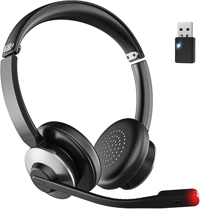 Wireless Headset with Mic for Work, Wireless Headphones with Mic (AI Noise Cancellation) & USB Dongle, 26+ Hrs Working Time, Bluetooth Headset with Mute for PC/Laptop/Office/Call Center/Zoom/Home