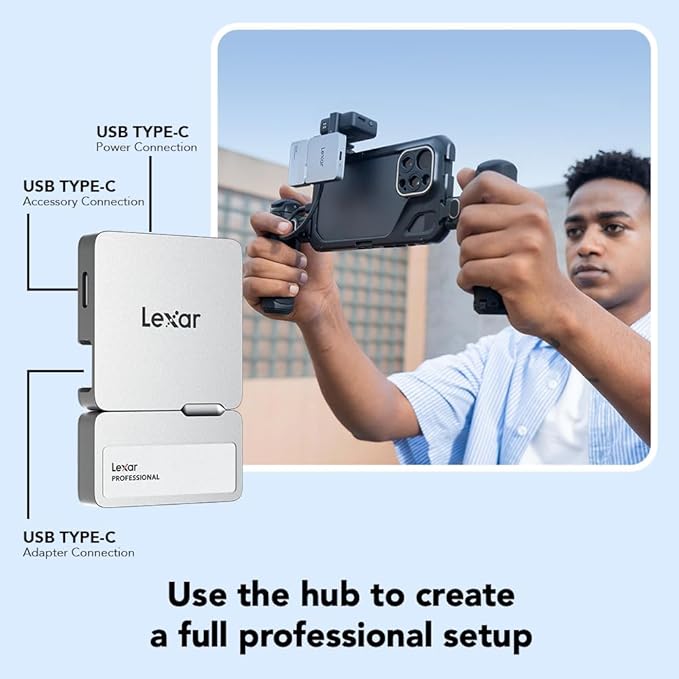 Lexar 1TB Professional Go Portable SSD w/Hub, Supports Apple 4K 60fps ProRes, Up to 1050MB/s, USB 3.2 Gen 2, Rugged, IP65, Ultracompact, Compatible w/iPhone 15/16, External SSD (LSL400S001T-RNSNU)