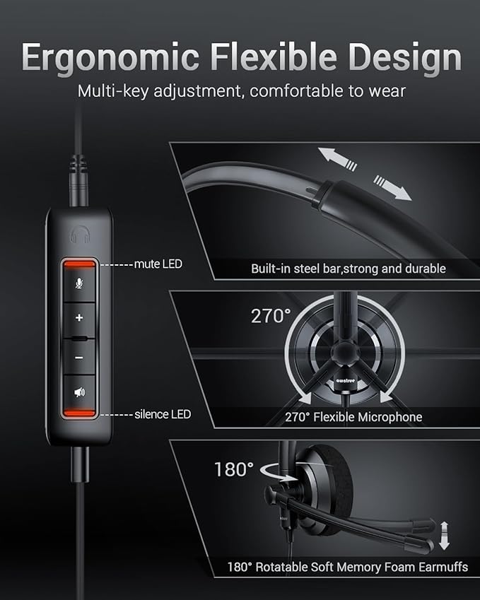 USB Headset with Microphone for PC - Lightweight Single-Ear Computer Headset, Crystal Clear Sound & Comfort Fit, Flexible Steel Headband (3.5mm+USB)