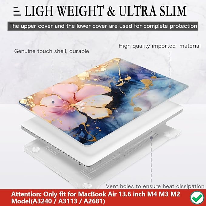 CISSOOK Compatible with MacBook Air 13.6 inch Case M2 M3 M4 Release 2025 2024 2023 2022, Plastic Hard Shell Case Keyboard Cover Screen Film for MacBook Air 13 inch A3240 A3113 A2681, Marble Flower