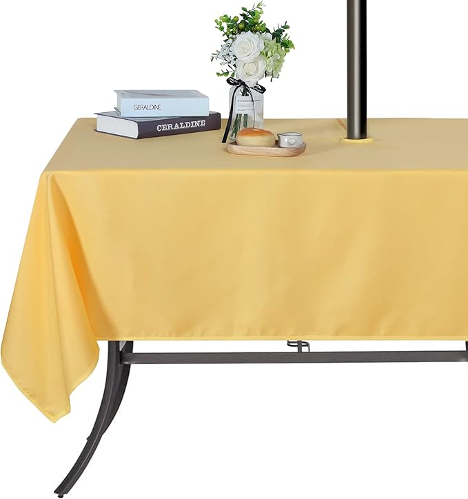 SARAFLORA Outdoor and Indoor Tablecloth -60x84 inch Yellow, Wrinkle Free Washable Waterproof Table Cloth with Umbrella Hole and Zipper Rectangle Table Cover for Spring/Summer/Patio/Picnic/BBQS/Party