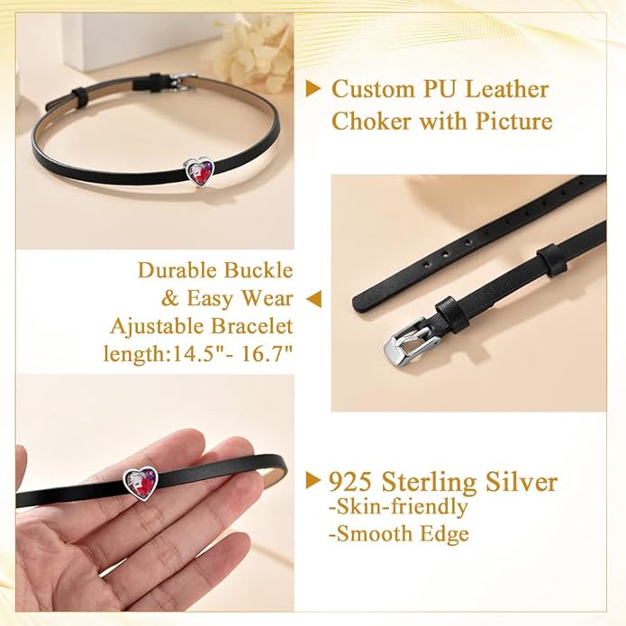Custom4U Personalized Black Leather Choker Necklace with Picture/Name/Initials/Letters Charm,Custom Made Adjustable Choker Collar Gothic Punk Necklaces Jewelry Gifts for Women