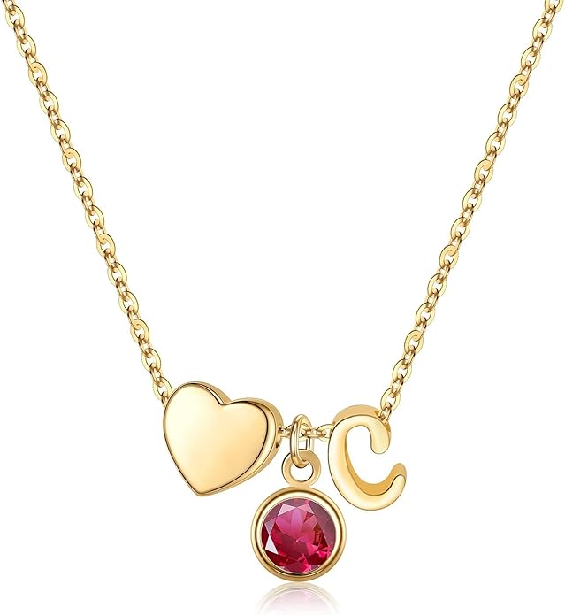 Ursilver Initial Birthstone Necklace for Women - Heart Initial Birthstone Pendant Necklace Personalized Gifts Birthday Gifts for Women