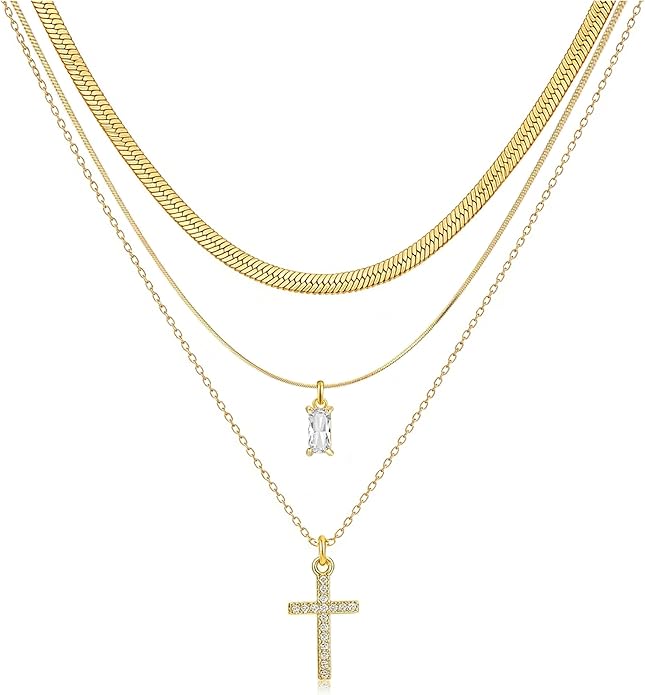 3Pcs Gold Layered Necklaces for Women, 14K Gold Plated Cross Necklace, Dainty Birthstone Necklace for Women, Herringbone Gold Necklaces Set, Stackable Women's Gold Pendant Necklaces Jewelry Set