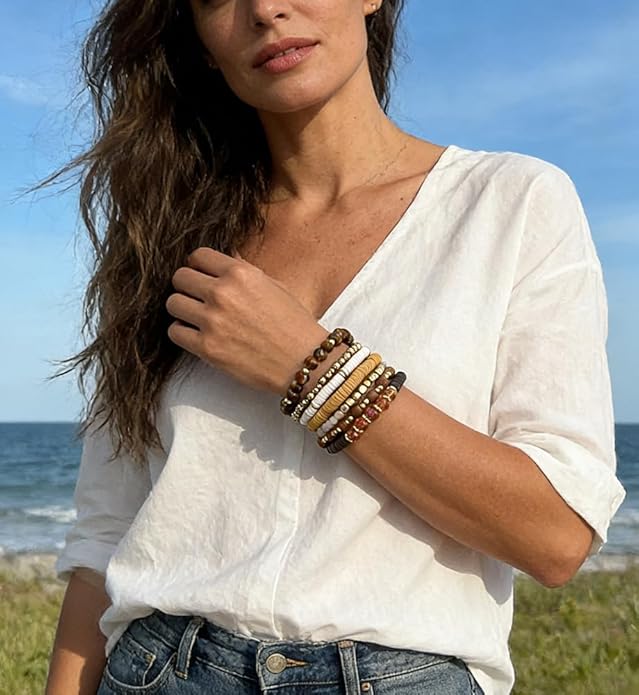 iF YOU 13pcs Heishi Clay Beaded Stretch Bracelets for Women, Boho Gold Surfer Stackable Bracelet Stacks White Brown Black Beach Jewelry